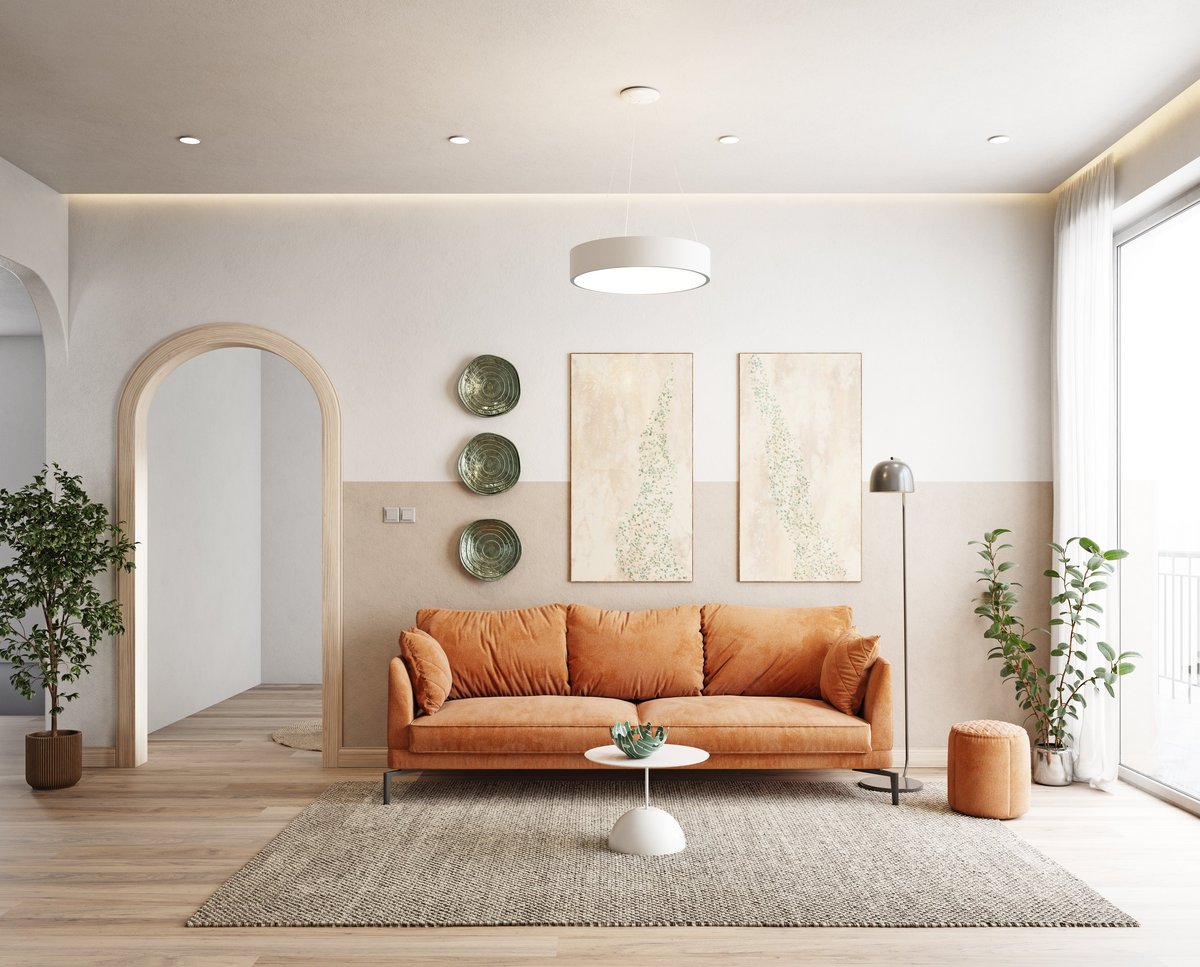Cozy finished basement living room with orange sofa