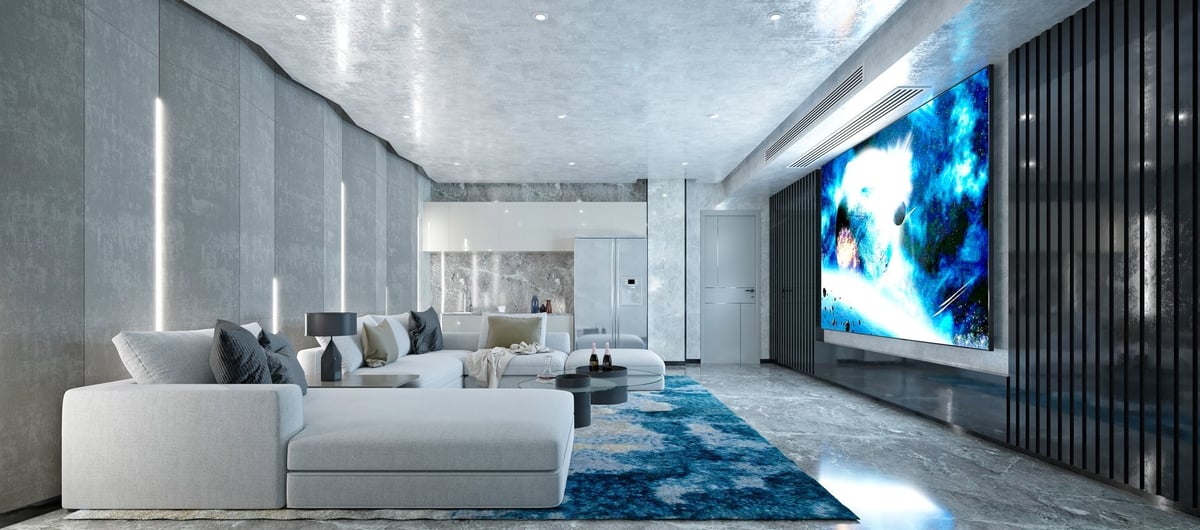 Modern home theater room with cinema seating