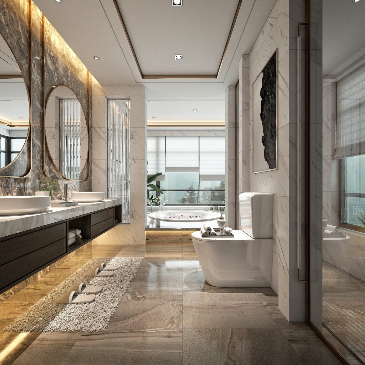 Luxurious completed bathroom remodel with modern vanity and tile