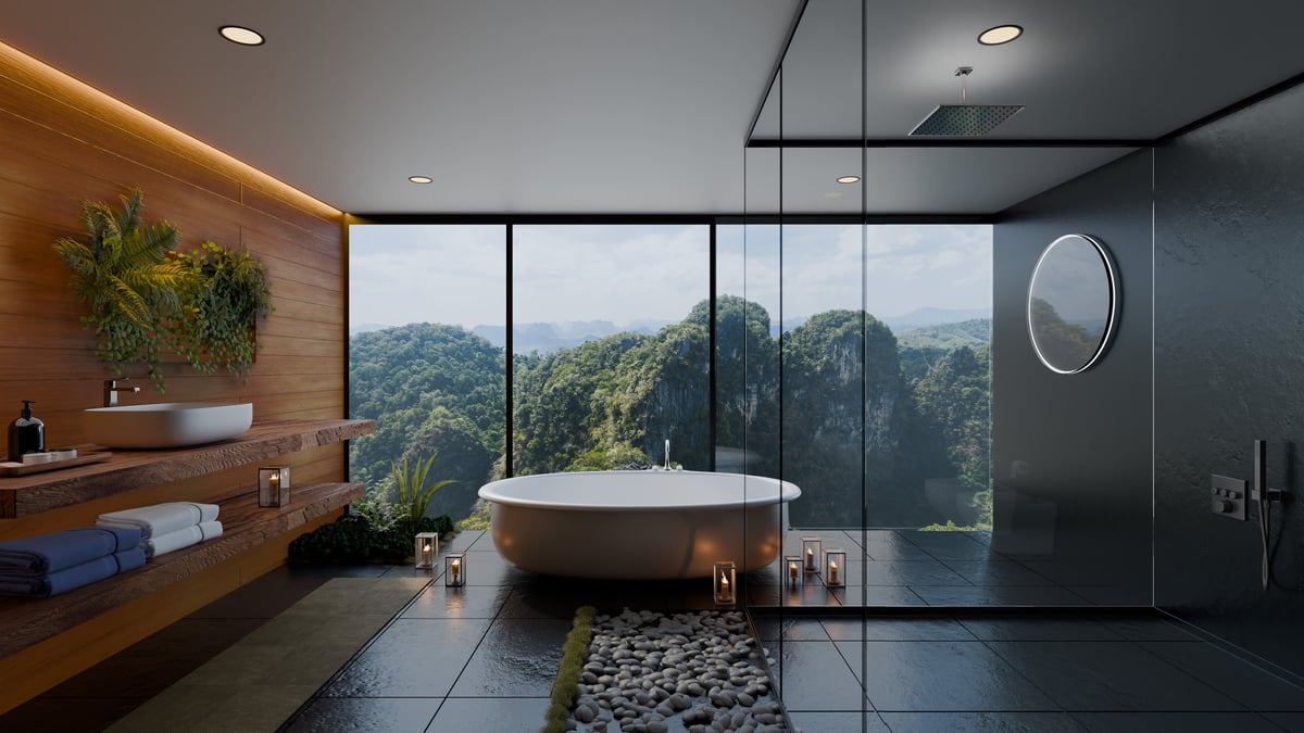 Bathroom with large bathtub and mountain view